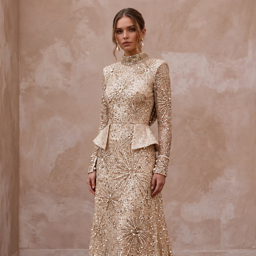 Glittering Champagne Sequin Long Sleeve Wedding Dress for New Year's Eve Renewal