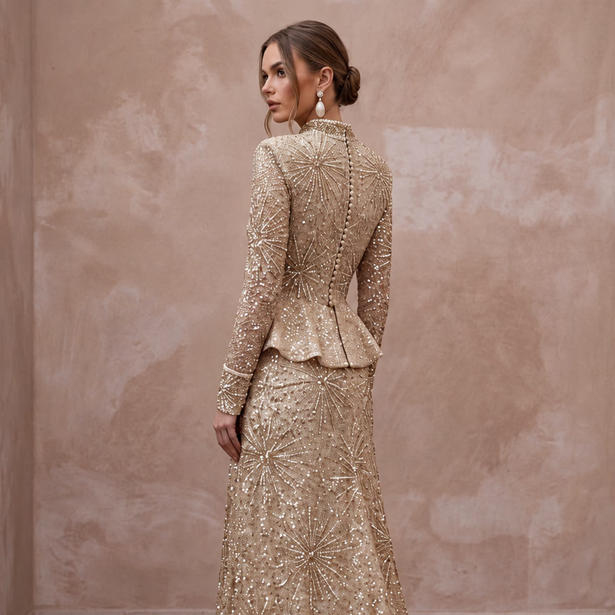 Glittering Champagne Sequin Long Sleeve Wedding Dress for New Year's Eve Renewal