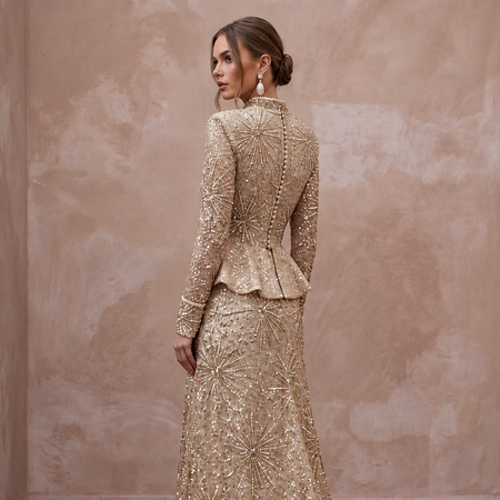 Glittering Champagne Sequin Long Sleeve Wedding Dress for New Year's Eve Renewal