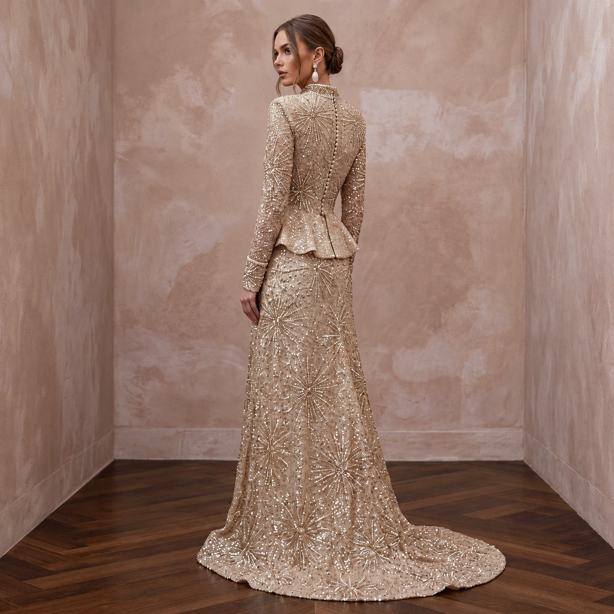 Glittering Champagne Sequin Long Sleeve Wedding Dress for New Year's Eve Renewal Secondary image