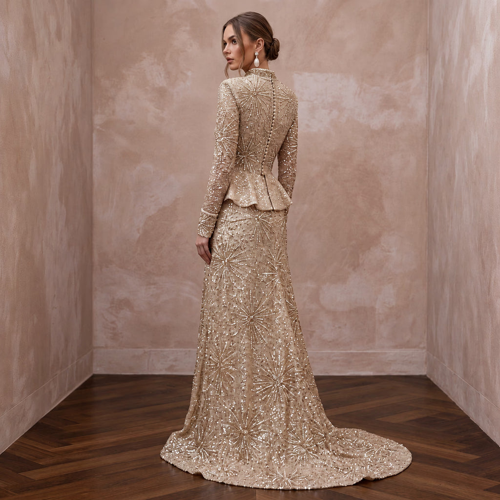 Glittering Champagne Sequin Long Sleeve Wedding Dress for New Year's Eve Renewal