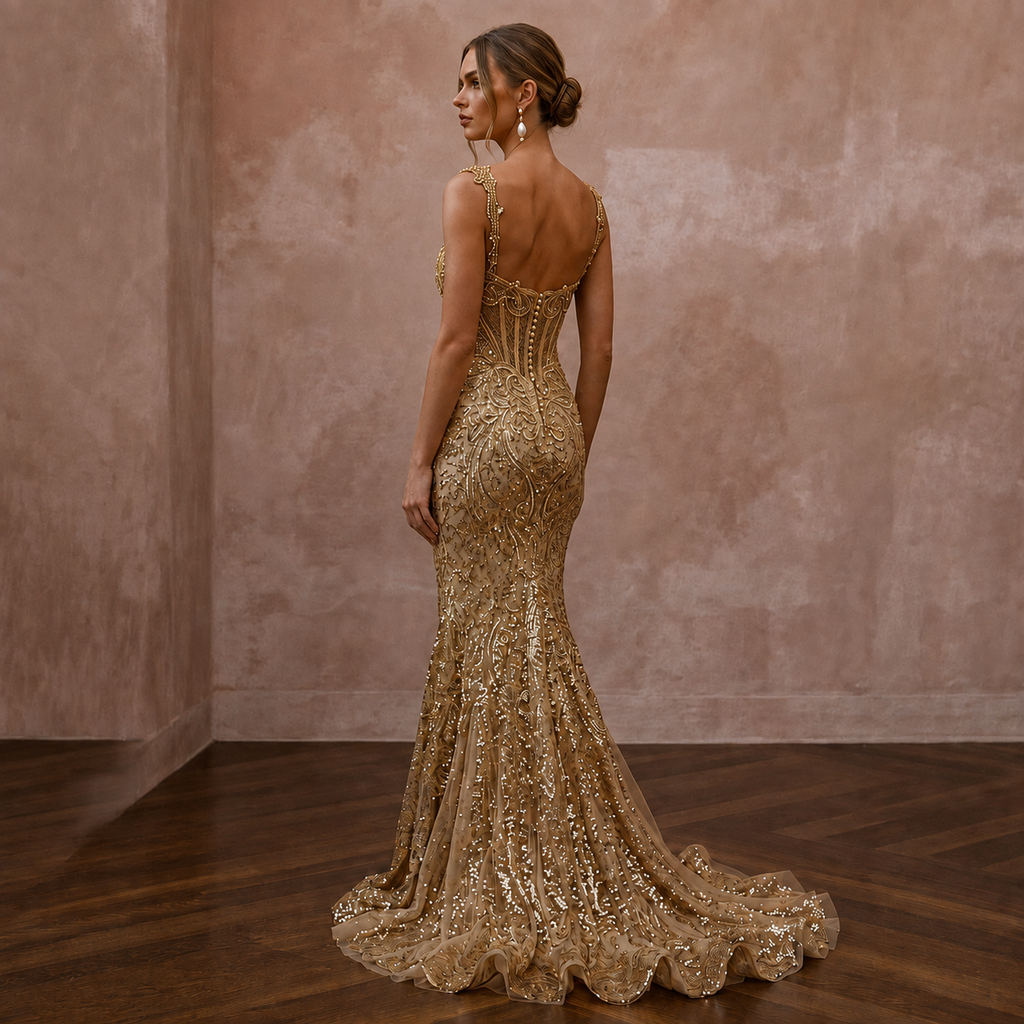 Glittering Gold Sequin Mermaid Bridal Gown for Reception Dress Change