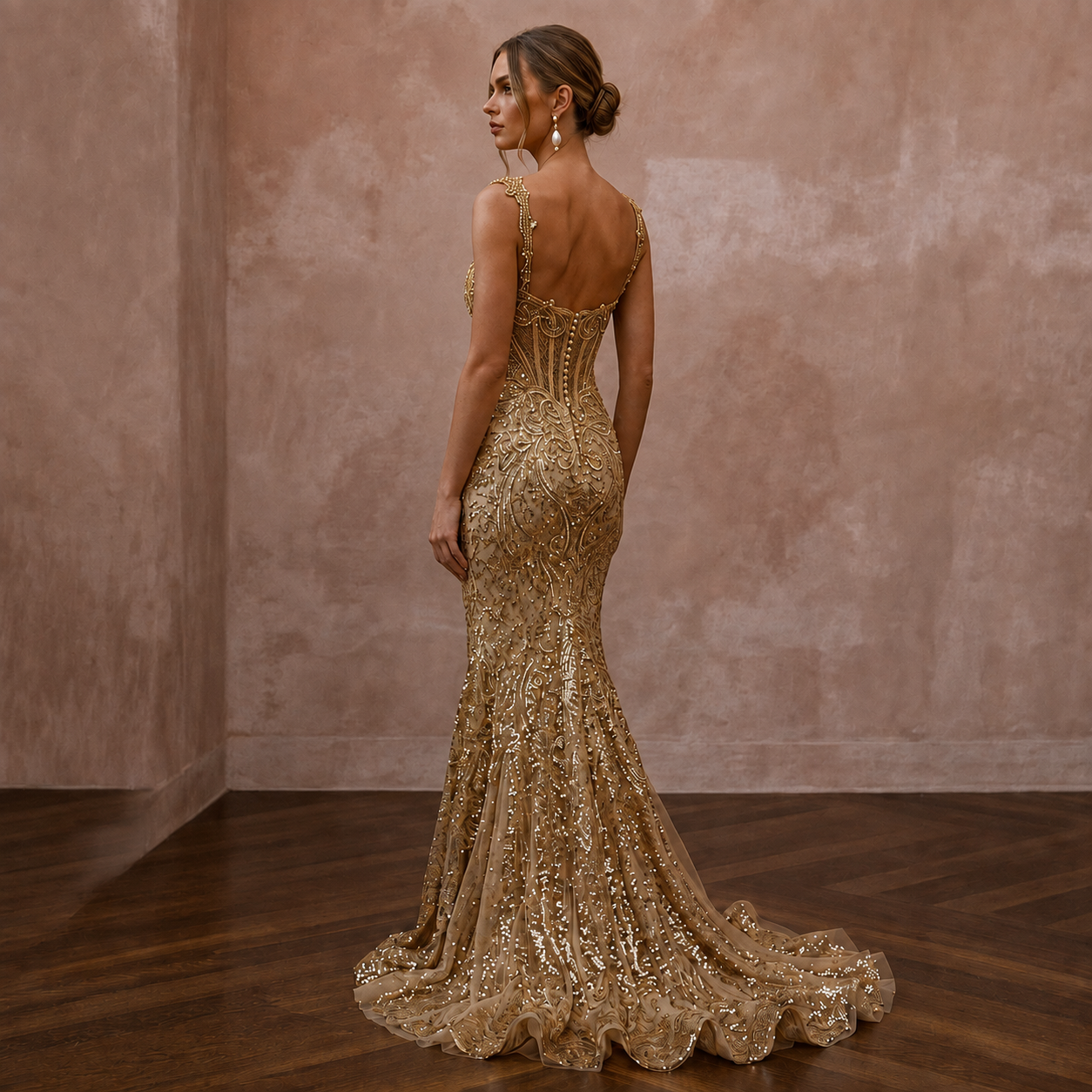 Glittering Gold Sequin Mermaid Bridal Gown for Reception Dress Change