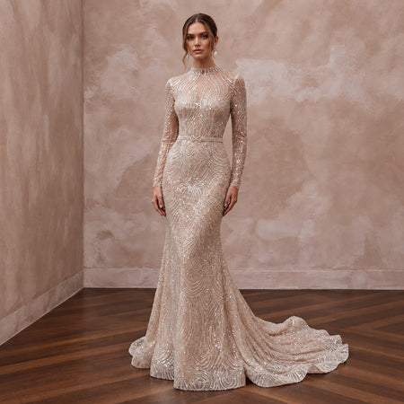 Glittering Nude Sequin Long Sleeve Mermaid Bridal Dress for NYE After-Party