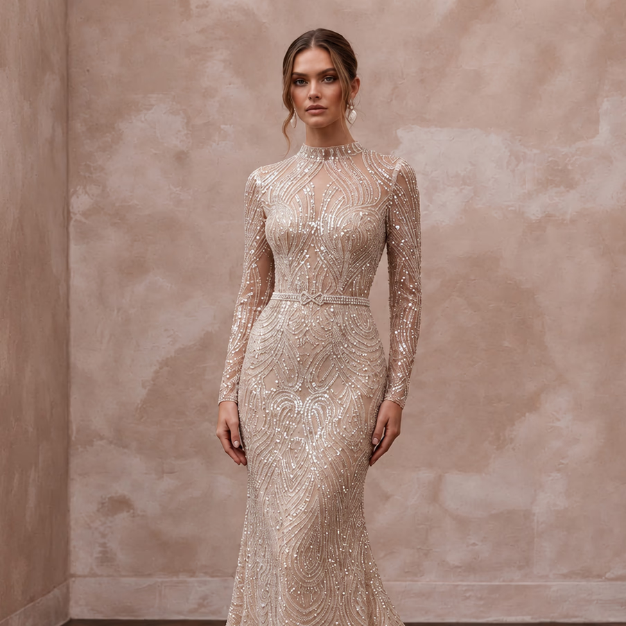 Glittering Nude Sequin Long Sleeve Mermaid Bridal Dress for NYE After-Party