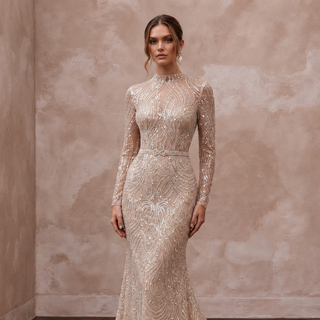 Glittering Nude Sequin Long Sleeve Mermaid Bridal Dress for NYE After-Party