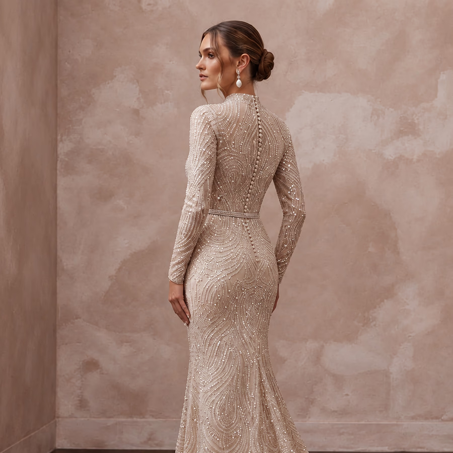 Glittering Nude Sequin Long Sleeve Mermaid Bridal Dress for NYE After-Party
