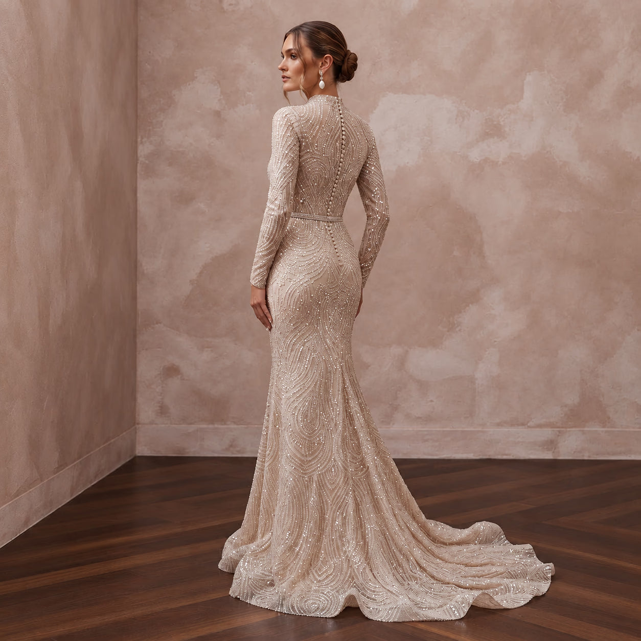 Glittering Nude Sequin Long Sleeve Mermaid Bridal Dress for NYE After-Party Secondary image