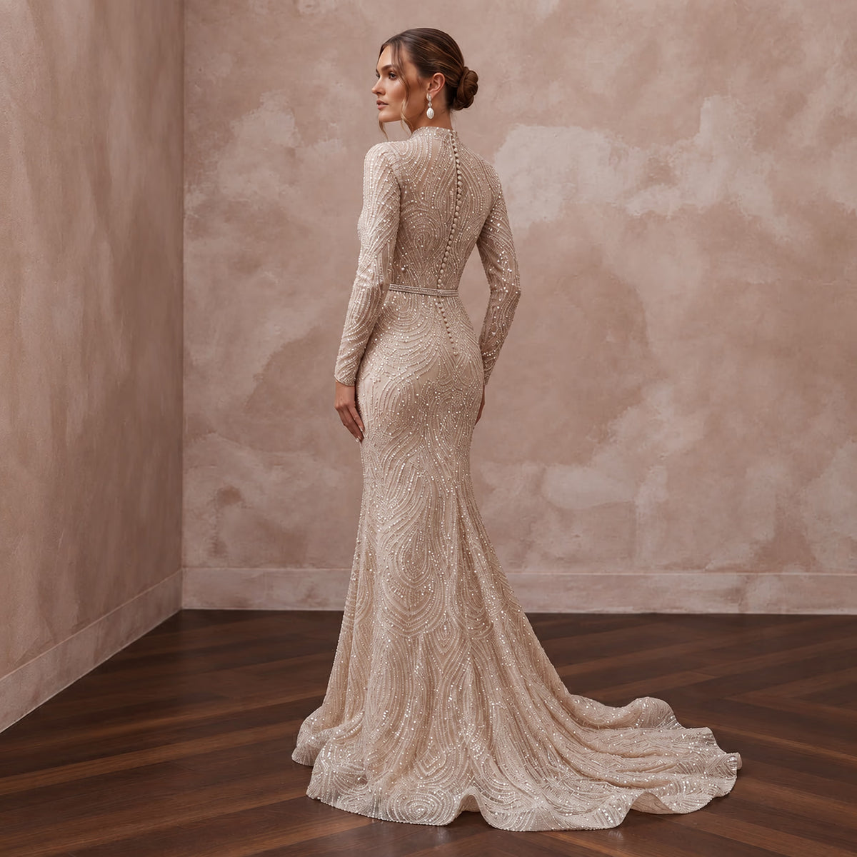 Glittering Nude Sequin Long Sleeve Mermaid Bridal Dress for NYE After-Party