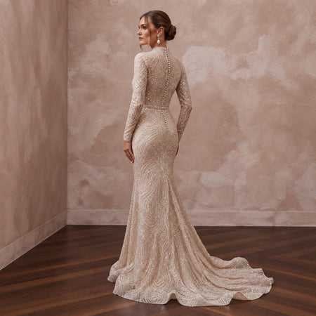 Glittering Nude Sequin Long Sleeve Mermaid Bridal Dress for NYE After-Party