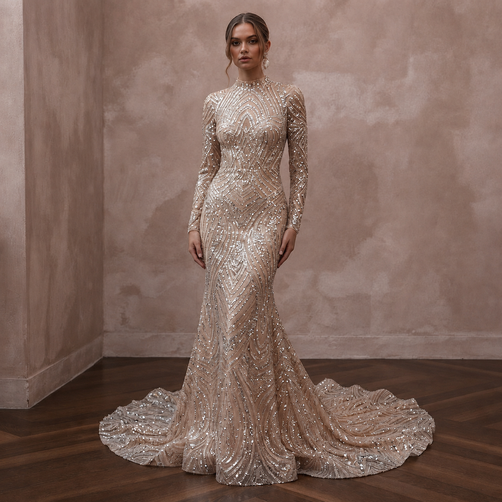 Glittering Nude Sequin Long Sleeve Mermaid for NYE After-Party