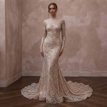 Glittering Nude Sequin Long Sleeve Mermaid for NYE After-Party