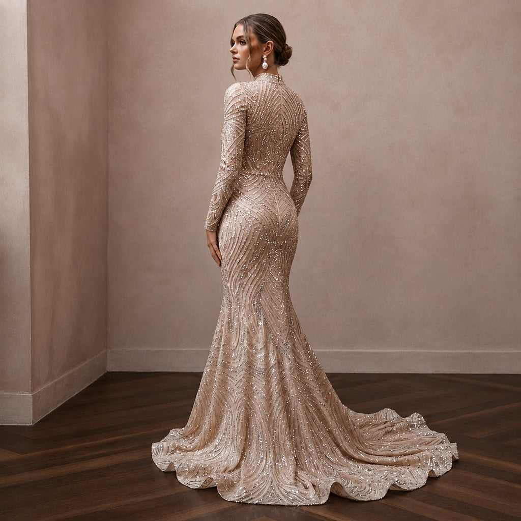 Glittering Nude Sequin Long Sleeve Mermaid for NYE After - Party - Apparel & Accessories > Clothing > Wedding & Bridal Party Dresses > Wedding Dresses - Mignonette Bridal