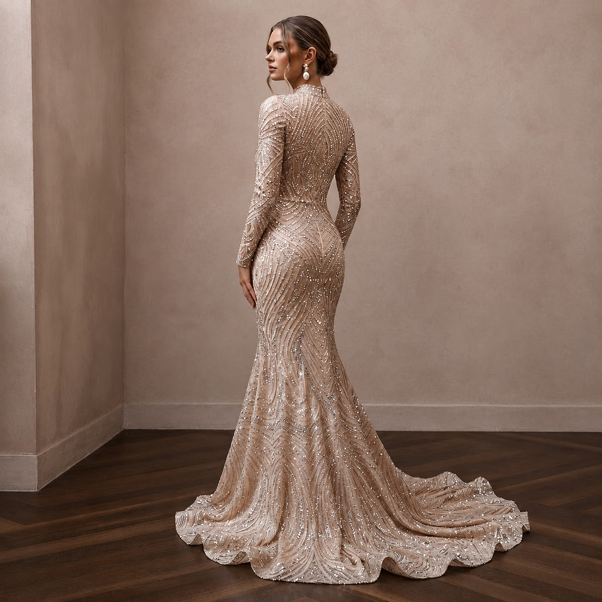 Glittering Nude Sequin Long Sleeve Mermaid for NYE After - Party - Apparel & Accessories > Clothing > Wedding & Bridal Party Dresses > Wedding Dresses - Mignonette Bridal