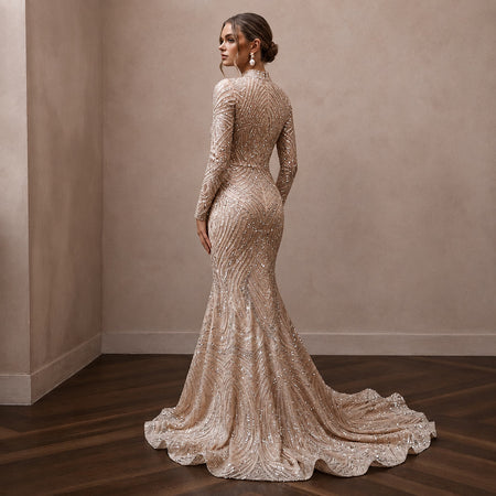 Glittering Nude Sequin Long Sleeve Mermaid for NYE After - Party - Apparel & Accessories > Clothing > Wedding & Bridal Party Dresses > Wedding Dresses - Mignonette Bridal