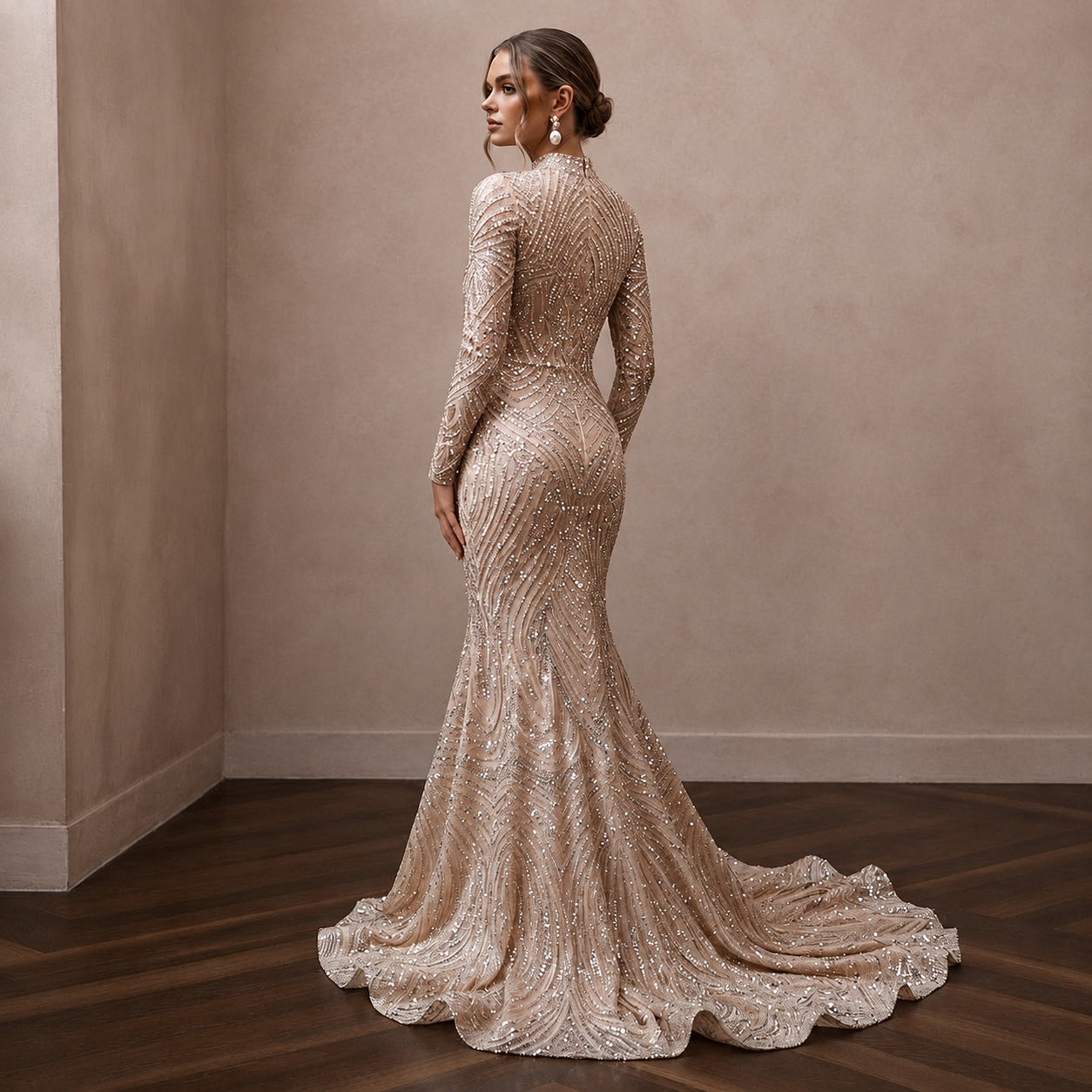 Glittering Nude Sequin Long Sleeve Mermaid for NYE After-Party