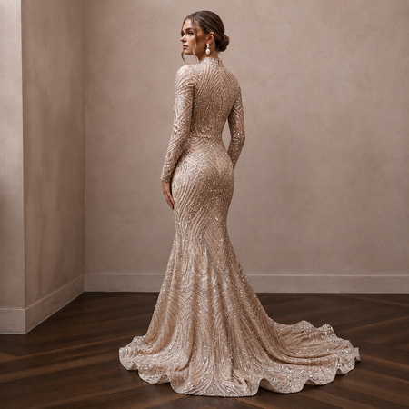 Glittering Nude Sequin Long Sleeve Mermaid for NYE After-Party