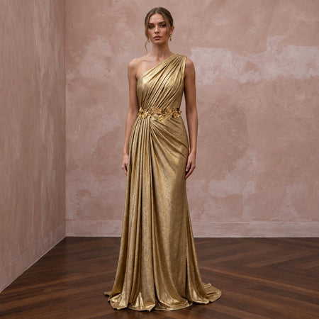 Gold Lurex Draped Grecian One-Shoulder Maxi Evening Dress
