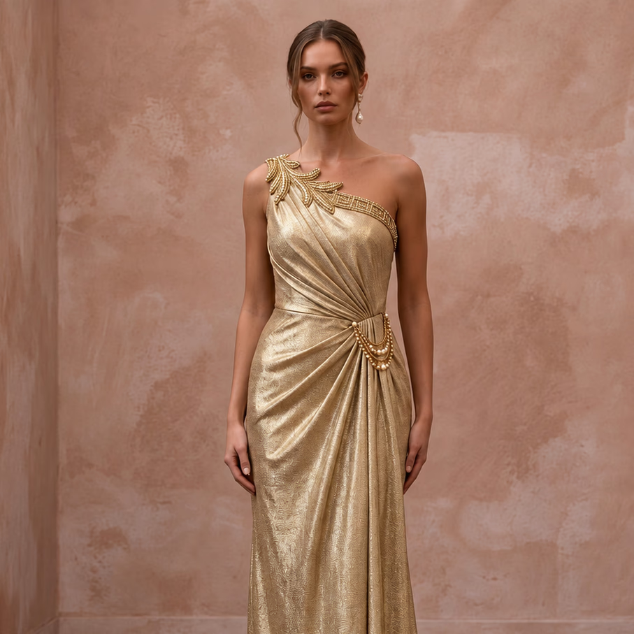 Gold Lurex Draped Grecian One-Shoulder Maxi Evening Dress