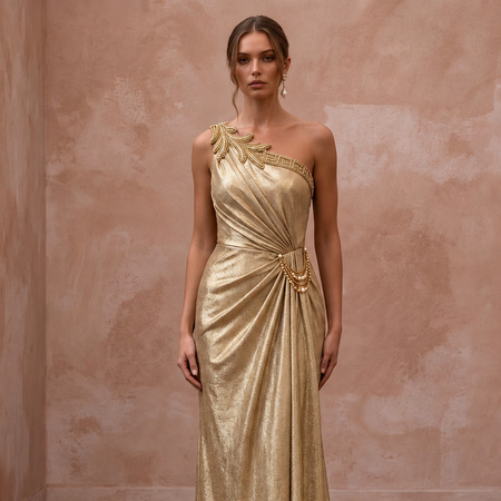 Gold Lurex Draped Grecian One-Shoulder Maxi Evening Dress
