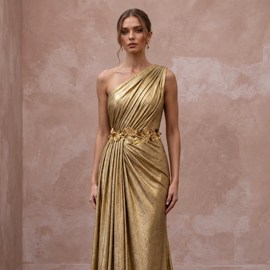 Gold Lurex Draped Grecian One-Shoulder Maxi Evening Dress