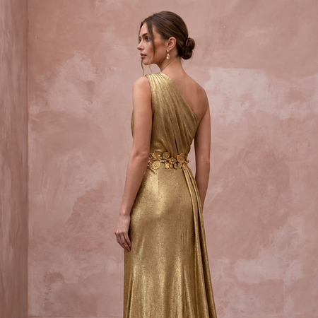 Gold Lurex Draped Grecian One-Shoulder Maxi Evening Dress