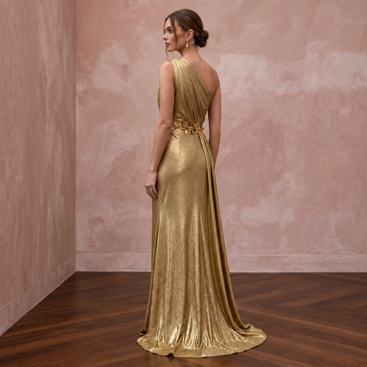 Gold Lurex Draped Grecian One-Shoulder Maxi Evening Dress