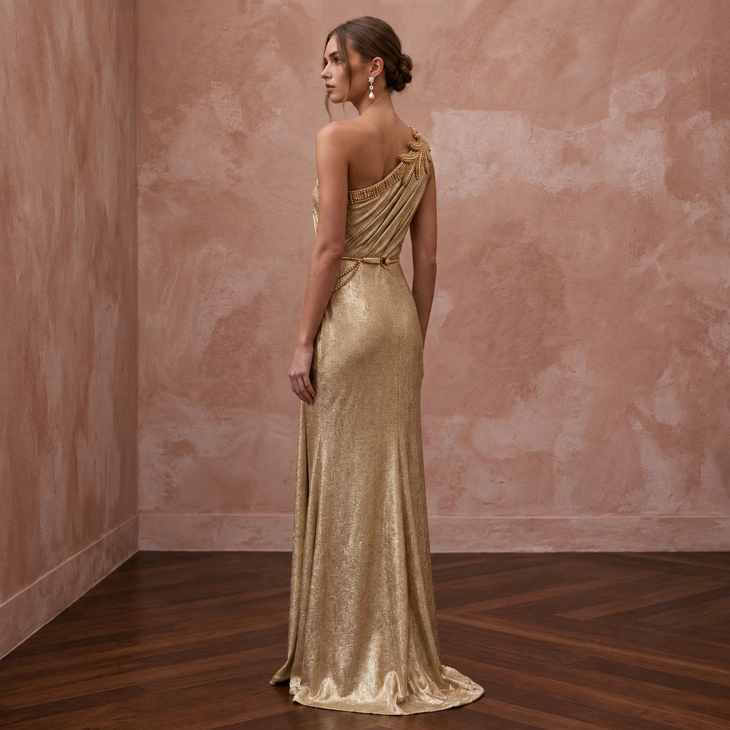 Gold Lurex Draped Grecian One-Shoulder Maxi Evening Dress