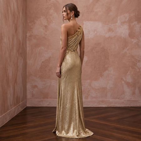 Gold Lurex Draped Grecian One-Shoulder Maxi Evening Dress