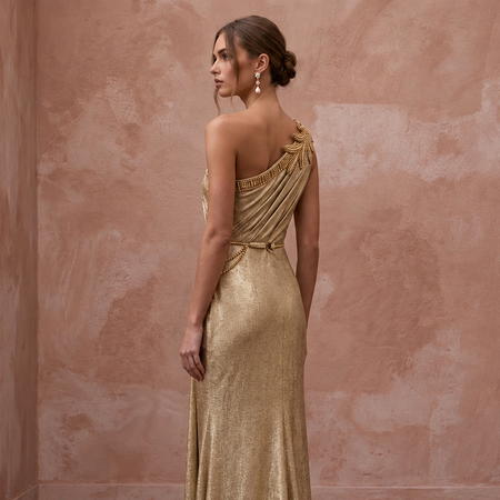 Gold Lurex Draped Grecian One-Shoulder Maxi Evening Dress
