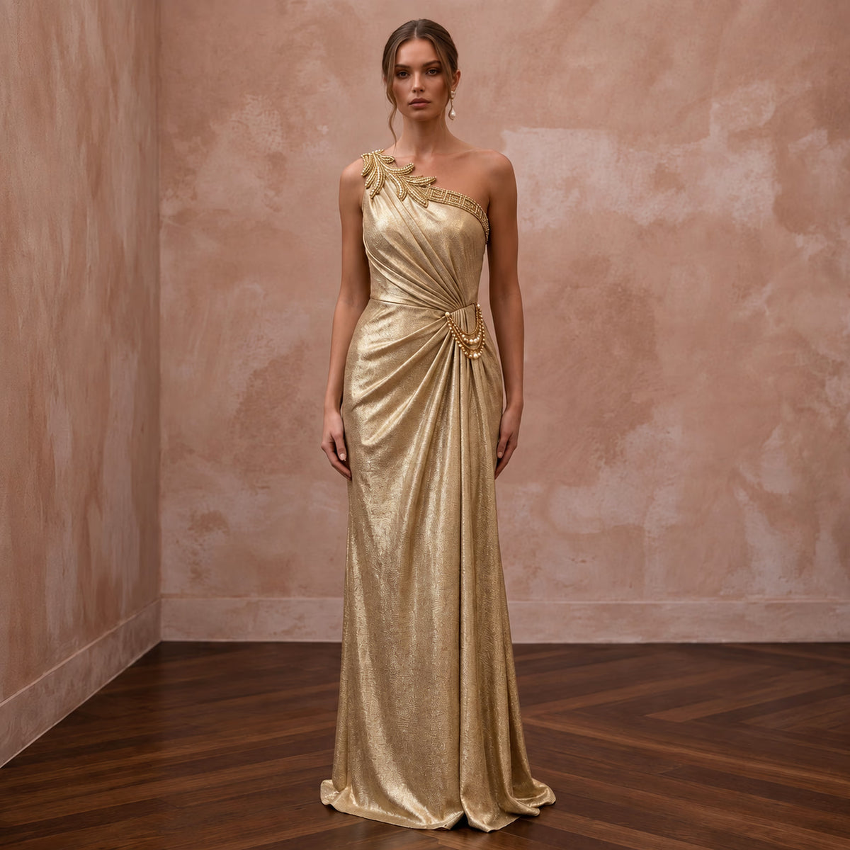 Gold Lurex Draped Grecian One-Shoulder Maxi Evening Dress