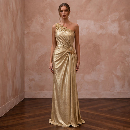 Gold Lurex Draped Grecian One-Shoulder Maxi Evening Dress