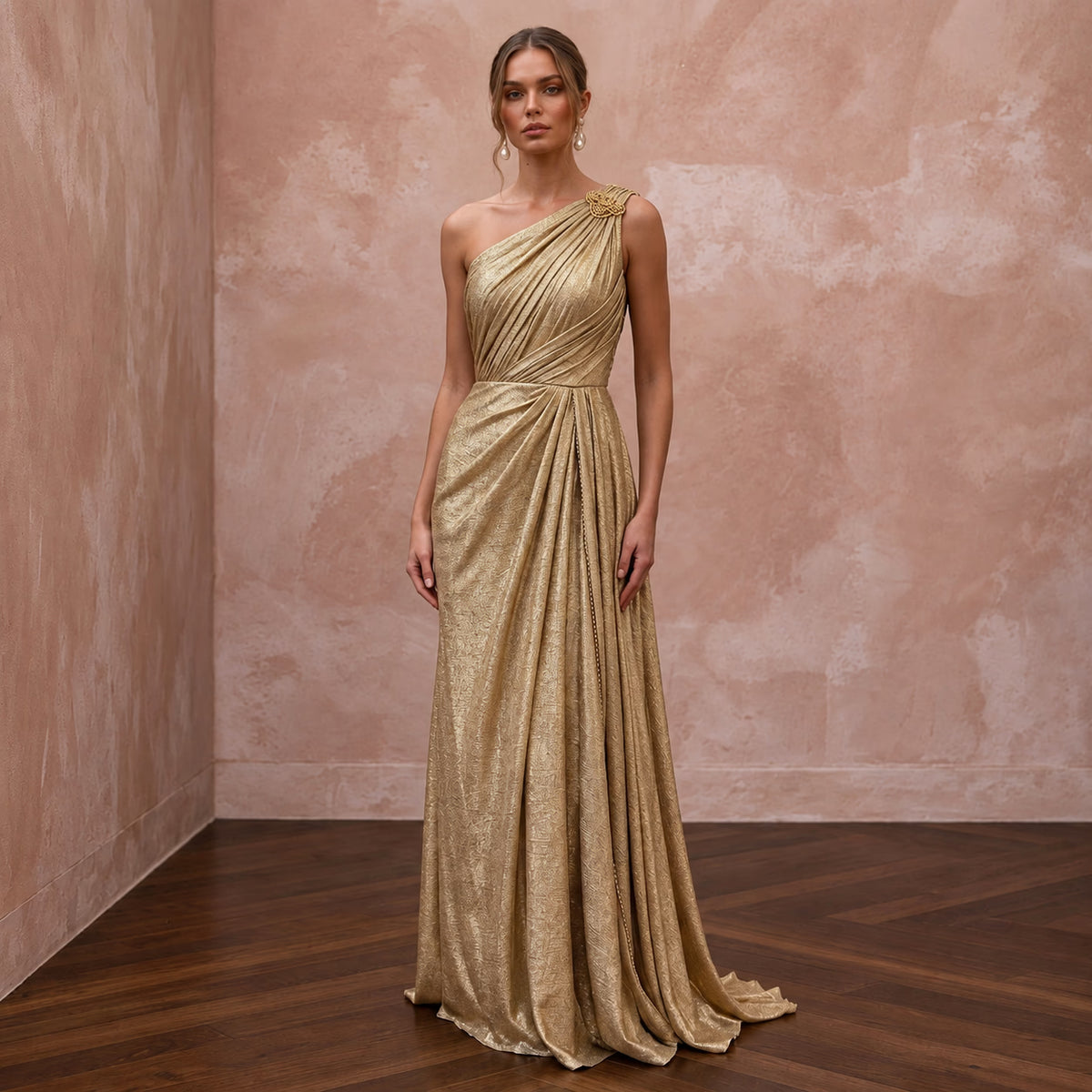 Gold Lurex Draped Grecian One - Shoulder Maxi Evening Gown - Apparel & Accessories > Clothing > Wedding & Bridal Party Dresses > Wedding Dresses - Mignonette Bridal