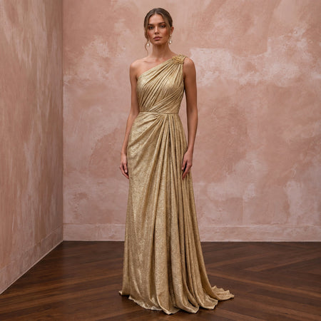 Gold Lurex Draped Grecian One - Shoulder Maxi Evening Gown - Apparel & Accessories > Clothing > Wedding & Bridal Party Dresses > Wedding Dresses - Mignonette Bridal