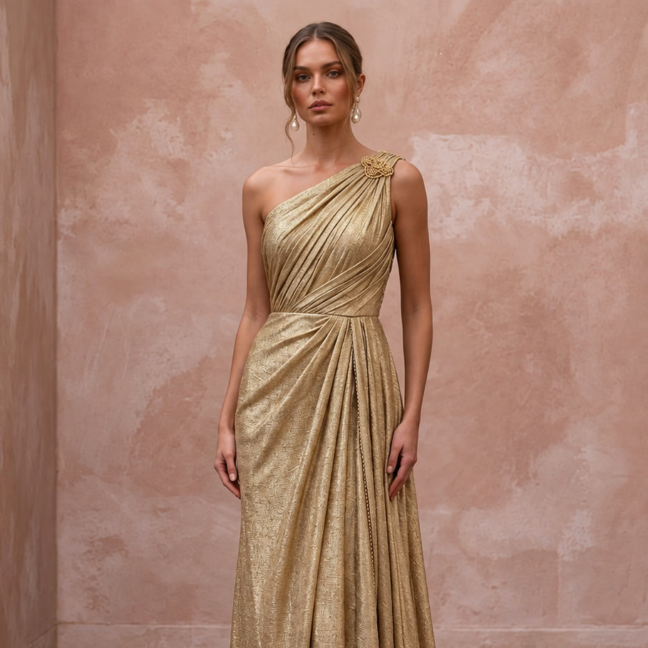 Gold Lurex Draped Grecian One - Shoulder Maxi Evening Gown - Apparel & Accessories > Clothing > Wedding & Bridal Party Dresses > Wedding Dresses - Mignonette Bridal