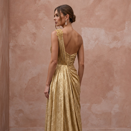 Gold Lurex Draped Grecian One - Shoulder Maxi Evening Gown - Apparel & Accessories > Clothing > Wedding & Bridal Party Dresses > Wedding Dresses - Mignonette Bridal