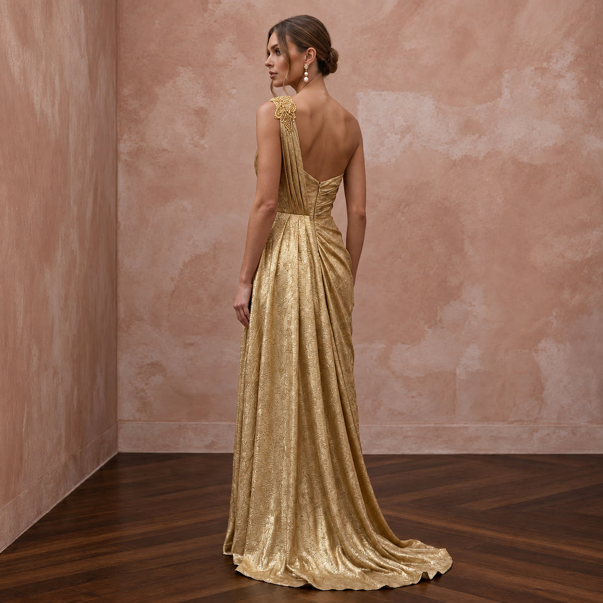 Gold Lurex Draped Grecian One - Shoulder Maxi Evening Gown - Apparel & Accessories > Clothing > Wedding & Bridal Party Dresses > Wedding Dresses - Mignonette Bridal
