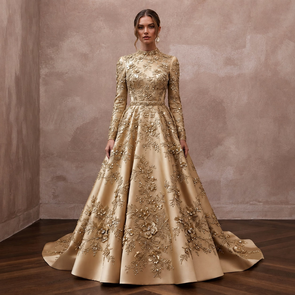 Gold Wedding Dresses with Metallic Floral Embroidery - Apparel & Accessories > Clothing > Wedding & Bridal Party Dresses > Wedding Dresses - Mignonette