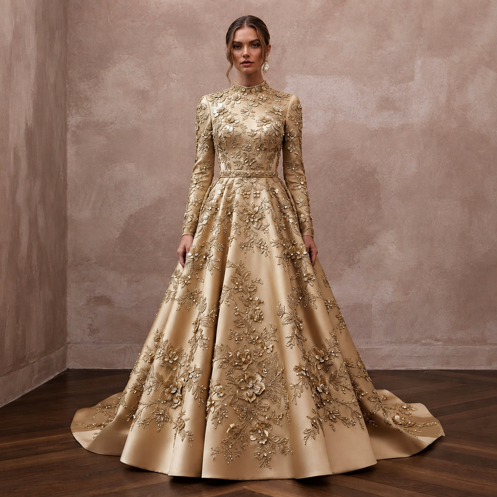 Gold Wedding Dresses with Metallic Floral Embroidery