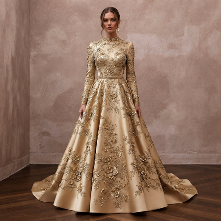 Gold Wedding Dresses with Metallic Floral Embroidery