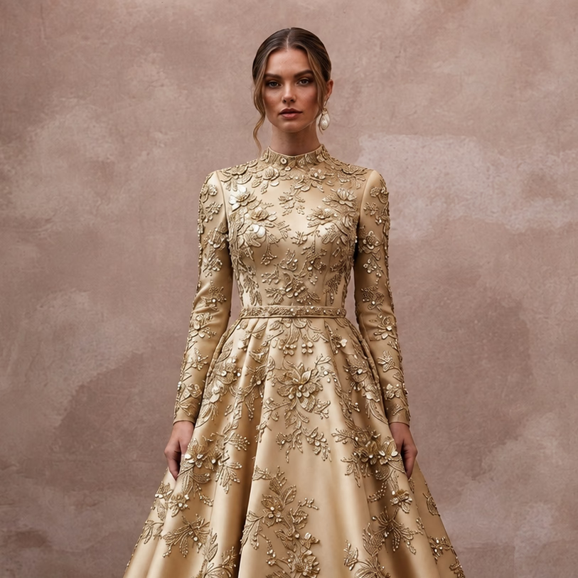 Gold Wedding Dresses with Metallic Floral Embroidery - Apparel & Accessories > Clothing > Wedding & Bridal Party Dresses > Wedding Dresses - Mignonette