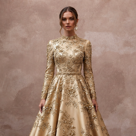 Gold Wedding Dresses with Metallic Floral Embroidery