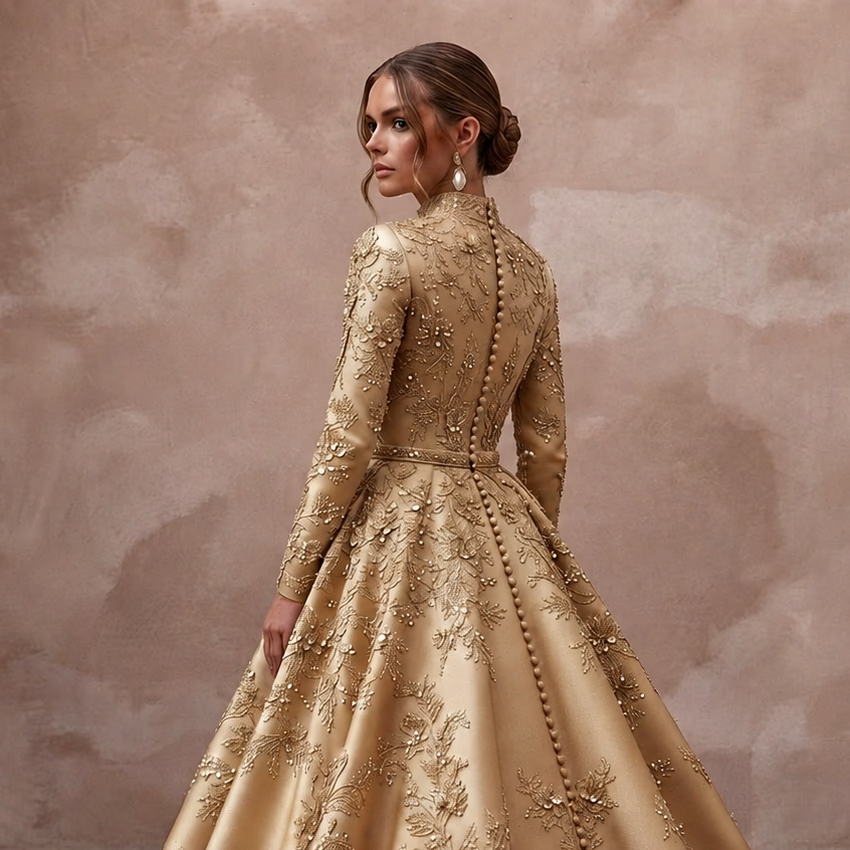 Gold Wedding Dresses with Metallic Floral Embroidery - Apparel & Accessories > Clothing > Wedding & Bridal Party Dresses > Wedding Dresses - Mignonette
