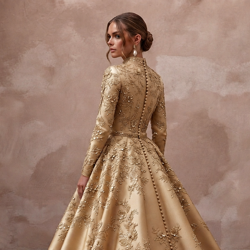 Gold Wedding Dresses with Metallic Floral Embroidery