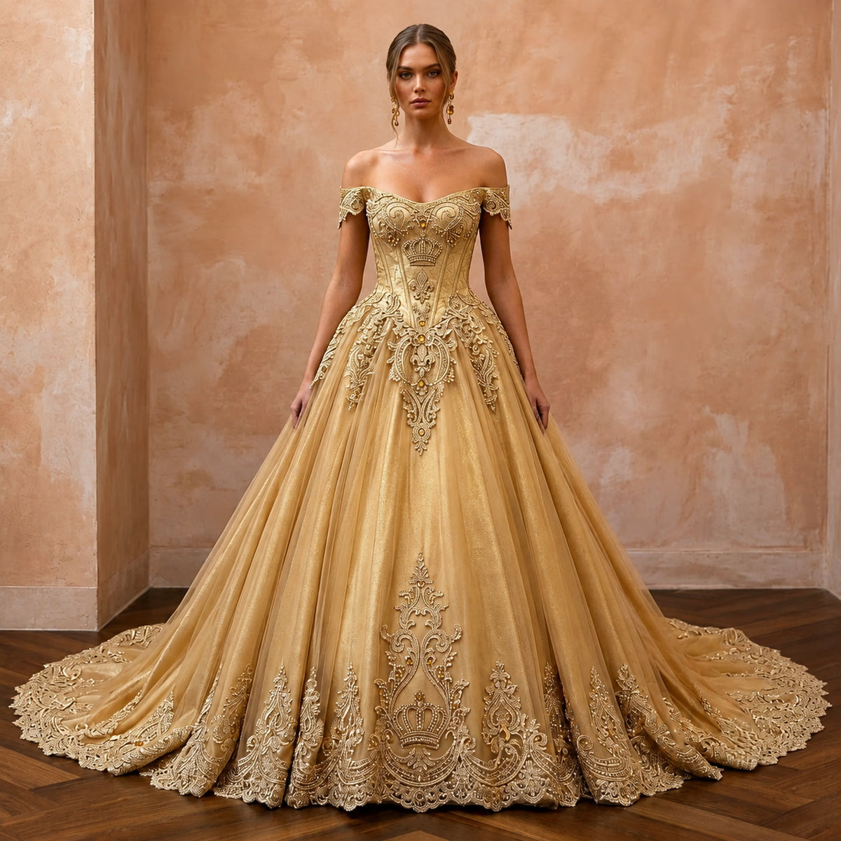 Gold Wedding Dresses with Regal Lace Designs - Apparel & Accessories > Clothing > Wedding & Bridal Party Dresses > Wedding Dresses - Mignonette Bridal
