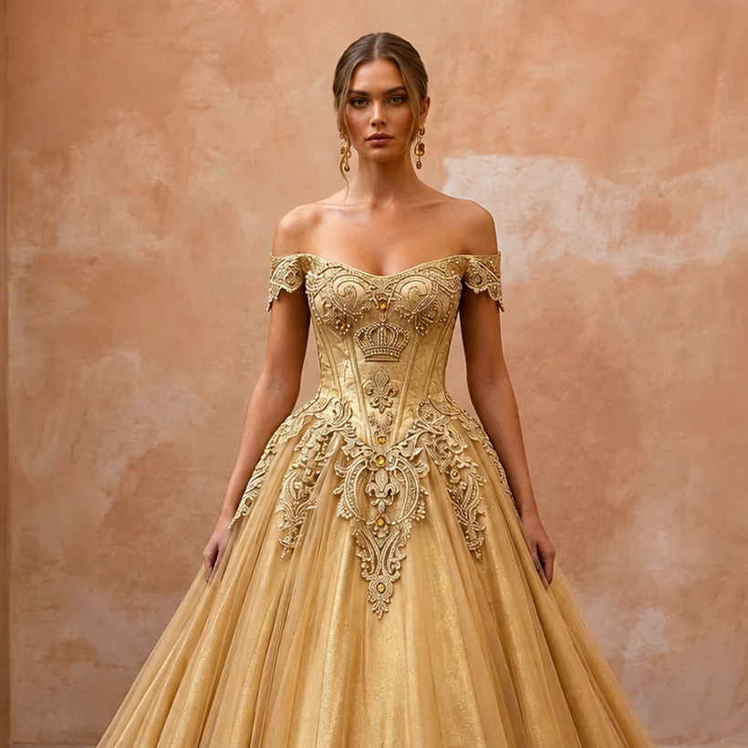 Gold Wedding Dresses with Regal Lace Designs - Apparel & Accessories > Clothing > Wedding & Bridal Party Dresses > Wedding Dresses - Mignonette Bridal