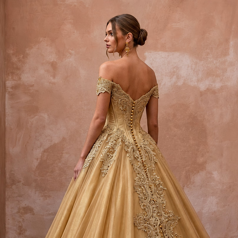 Gold Wedding Dresses with Regal Lace Designs - Apparel & Accessories > Clothing > Wedding & Bridal Party Dresses > Wedding Dresses - Mignonette Bridal