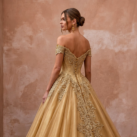 Gold Wedding Dresses with Regal Lace Designs - Apparel & Accessories > Clothing > Wedding & Bridal Party Dresses > Wedding Dresses - Mignonette Bridal