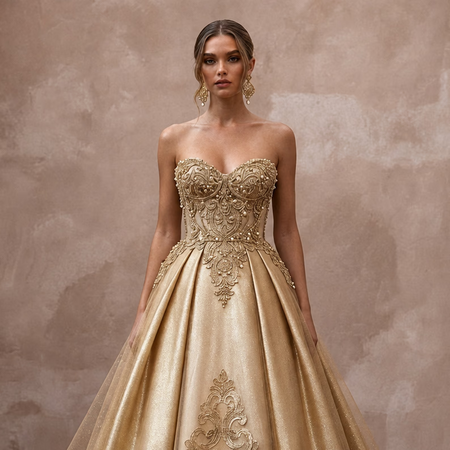 Gold Wedding Dresses with Regal Metallic Accents - Apparel & Accessories > Clothing > Wedding & Bridal Party Dresses > Wedding Dresses - Mignonette