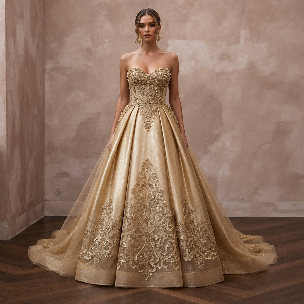 Gold Wedding Dresses with Regal Metallic Accents - Apparel & Accessories > Clothing > Wedding & Bridal Party Dresses > Wedding Dresses - Mignonette